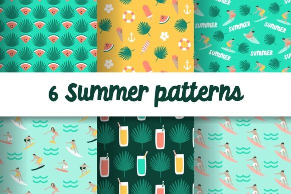6 Summer Seamless Modern Patterns and Fresh and Fruity Hand-Drawn Summer Holiday Collection