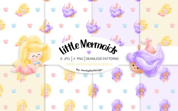 Cute Mermaid Patterns Digital Paper
