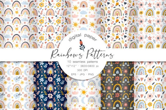 Rainbows and Flowers Seamless Patterns